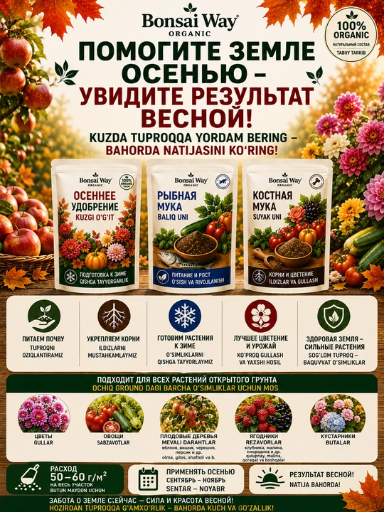 Осенний набор удобрений Bonsai Way Organic 3 в 1