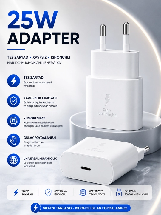 25W tarmoq adapteri | USB-C | Tez quvvatlash | Intellektual himoya | Universal - 