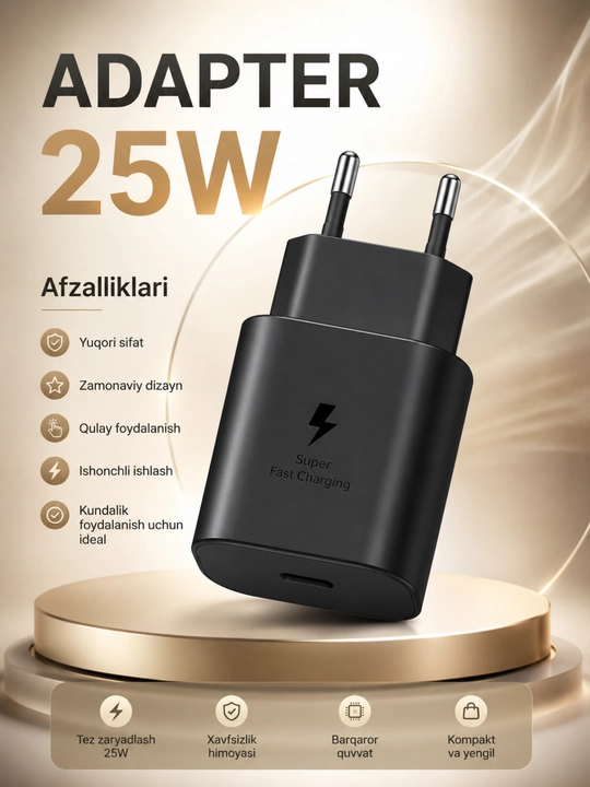 25W tarmoq adapteri | USB-C | Tez quvvatlash | Intellektual himoya | Universal - 