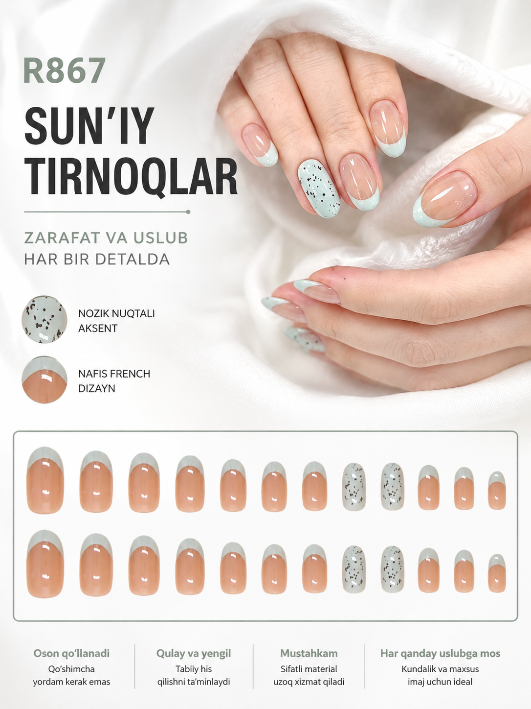 Soxta tirnoqlar - tez mahkamlanadigan, mini-yelimli, turli dizayndagi, 12-24 dona