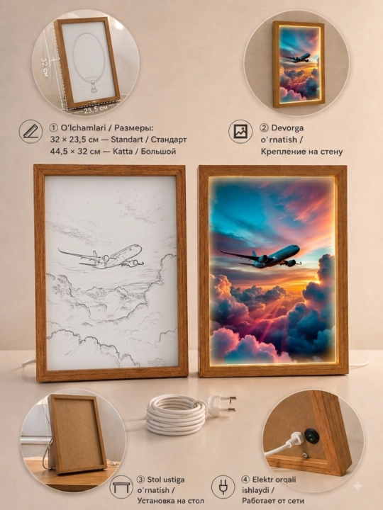 Airplane - LED Lightbox в деревянной рамке, декоративный светильник, 2 размера - 