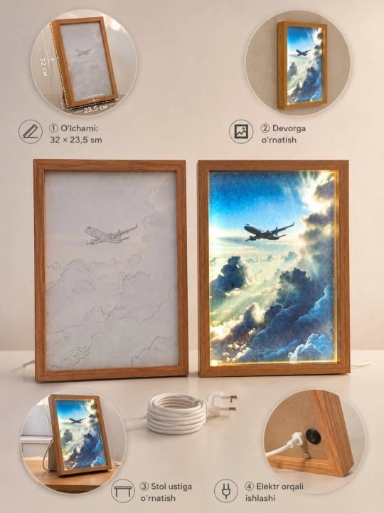 Airplane - LED Lightbox в деревянной рамке, декоративный светильник, 2 размера - 