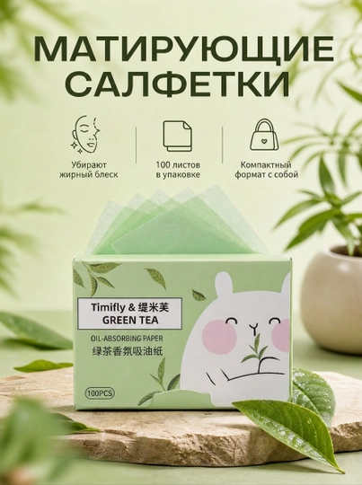 Матирующие салфетки для лица, 100 листов — бумага от жирного блеска в компактной упаковке - 