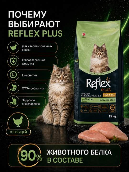 Сухой корм с курицей для взрослых стерилизованных кошек REFLEX PLUS STERILISED 15 кг