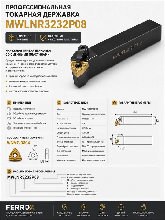 MWLNR3232P08 tokarlik derjavkasi, 32×32 mm, 95°, WNMG0804 plastina uchun - 