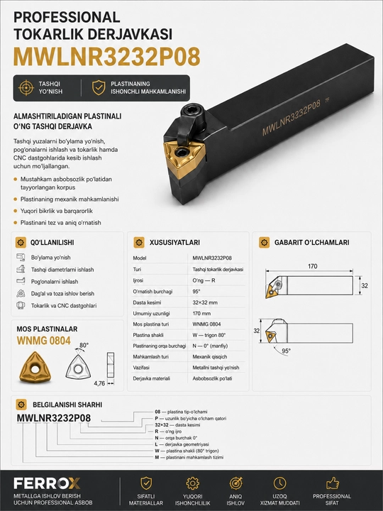 Державка токарная MWLNR3232P08, 32×32 мм, 95°, под пластину WNMG0804