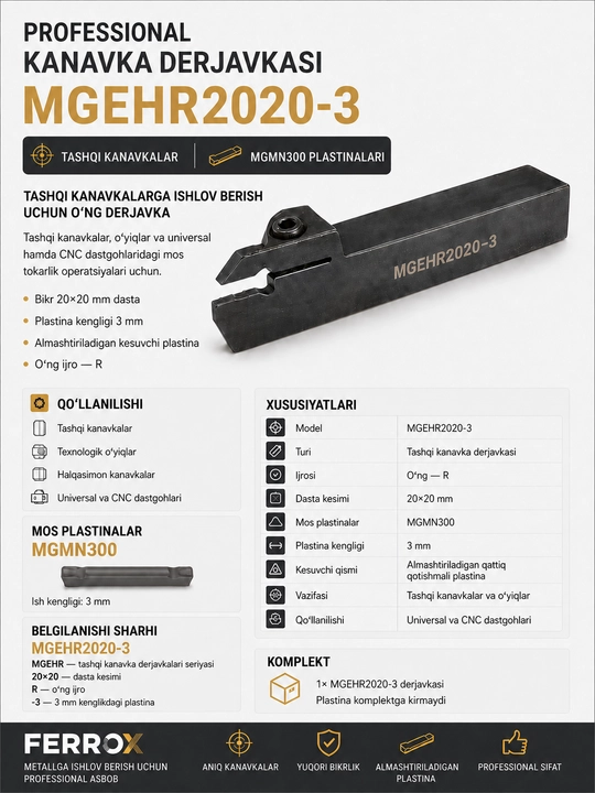 MGEHR2020-3 ariqcha tokarlik derjavkasi, 20×20 mm, MGMN300 uchun