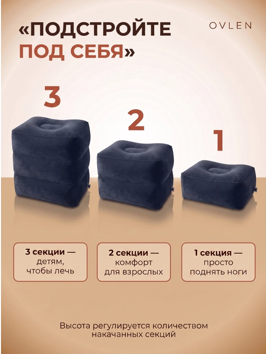 Надувная подставка для ног OVLEN в самолёт поезд 3 уровня высоты чехол серая
