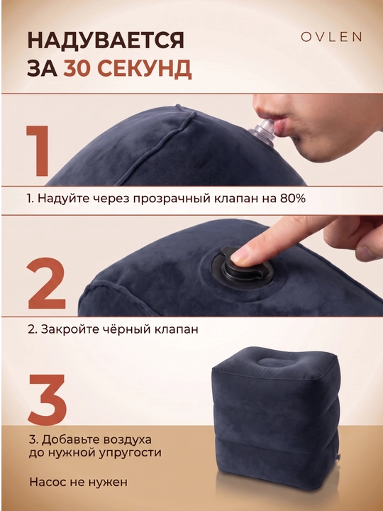 Надувная подставка для ног OVLEN в самолёт поезд 3 уровня высоты чехол серая