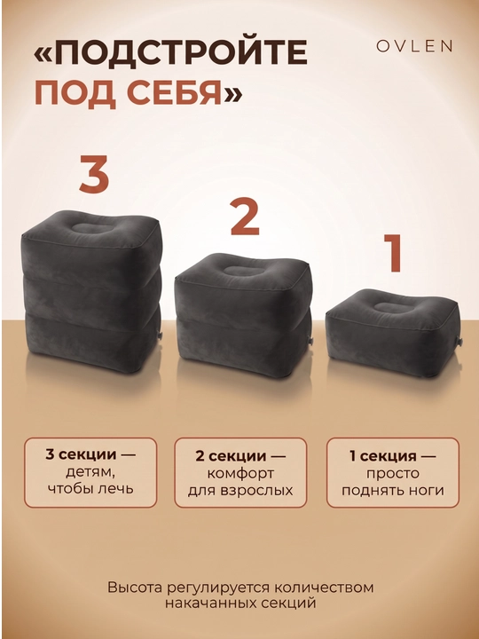 Надувная подставка для ног OVLEN в самолёт поезд 3 уровня высоты чехол серая
