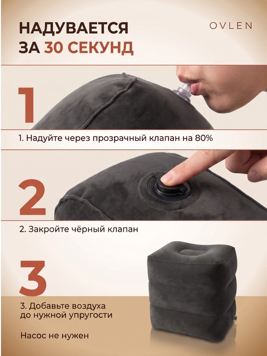 Надувная подставка для ног OVLEN в самолёт поезд 3 уровня высоты чехол серая