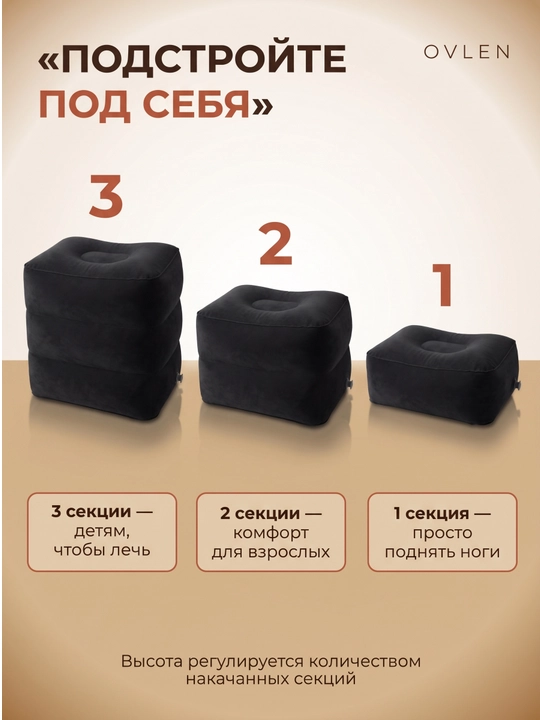 Надувная подставка для ног OVLEN в самолёт поезд 3 уровня высоты чехол серая