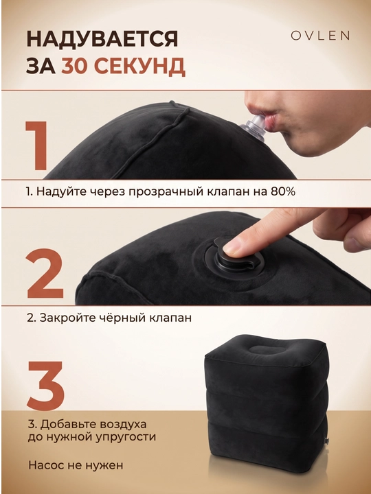Надувная подставка для ног OVLEN в самолёт поезд 3 уровня высоты чехол серая