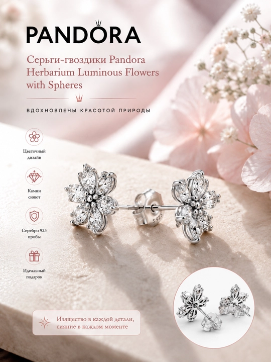 Pandora Herbarium gulli 925 kumush puseta sirg‘alar, 292633C01