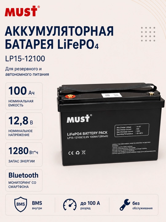 Аккумулятор MUST LiFePO4 12.8В 100Ач 1280Вт·ч, Bluetooth, для инвертора - 