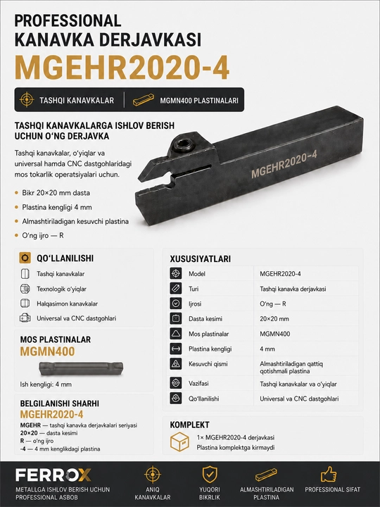 MGEHR2020-4 ariqcha tokarlik derjavkasi, 20×20 mm, MGMN400 uchun - 