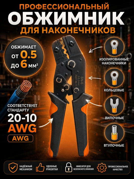 Sim uchlari uchun press kleş 0,5–6 mm² (AWG 20–10) | Avtomatik mexanizm | NShVI, AWG - 