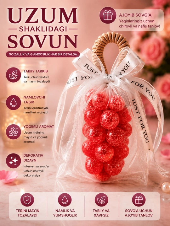 Uzum shaklidagi sovun — qo‘l mehnatida tayyorlangan dekorativ sovun, yoqimli aromatli