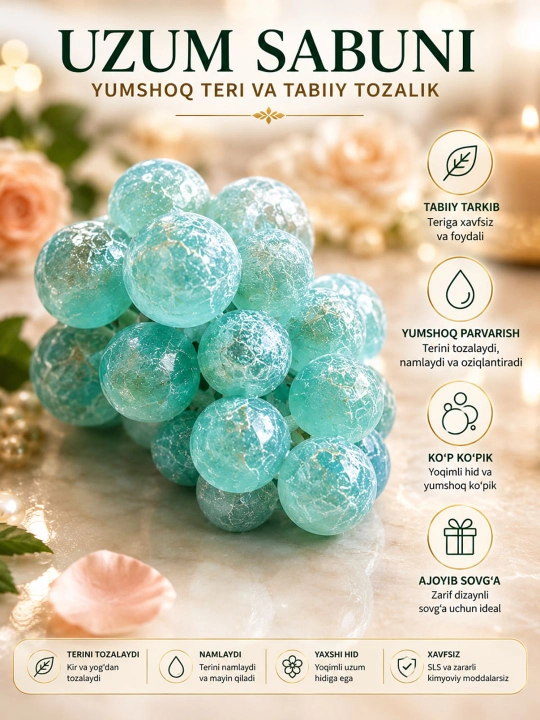 Uzum shaklidagi sovun — qo‘l mehnatida tayyorlangan dekorativ sovun, yoqimli aromatli - 