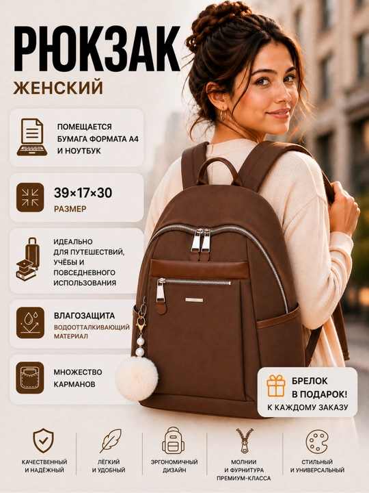 Сумка-рюкзак женская, с брелком, школьный, повседневный и дорожный, водонепроницаемый
