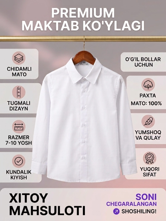 Yigitlar uchun maktab forma xitoy oq ko'ylagi - 