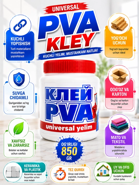 PVA Universal Yelim — universal oq yelim, maishiy va ta’mirlash ishlari uchun - 