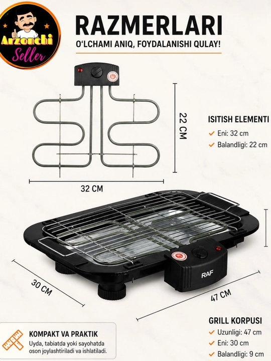 Zanglamaydigan po‘latdan ko‘chma elektr barbekyu grill – sayohatlar va pikniklar uchun