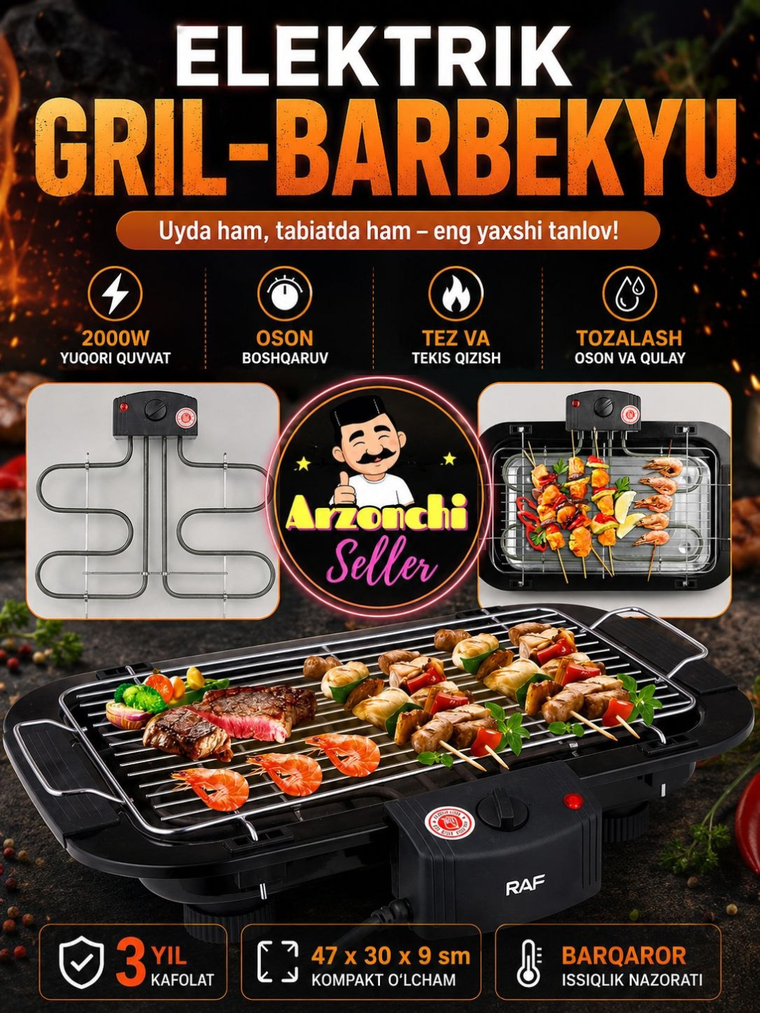 Zanglamaydigan po‘latdan ko‘chma elektr barbekyu grill – sayohatlar va pikniklar uchun