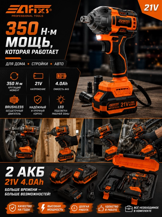 AFIXS akkumulyatorli zarbali gaykovert — 21V, 350 N·m, 4Ah 2 ta akkumulyator va keys - 