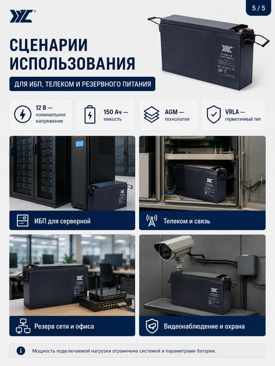 Аккумулятор JYC FT150-12 AGM 12В 150Ач, фронтальные клеммы, для ИБП и телеком