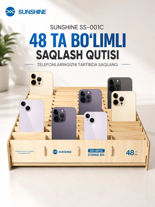SUNSHINE SS-001C — 48 bo‘limli mobil telefonlarni saqlash va tartibga solish qutisi
