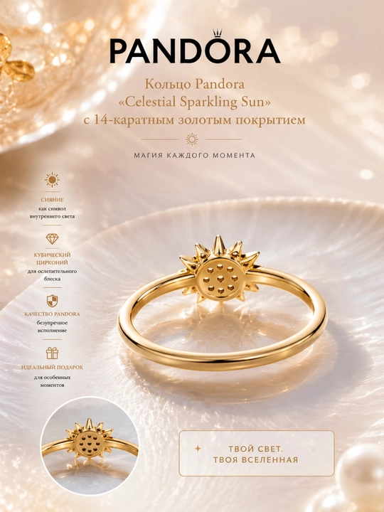 Кольцо Pandora Celestial Sparkling Sun, покрытие золотом 14K, 162674C01