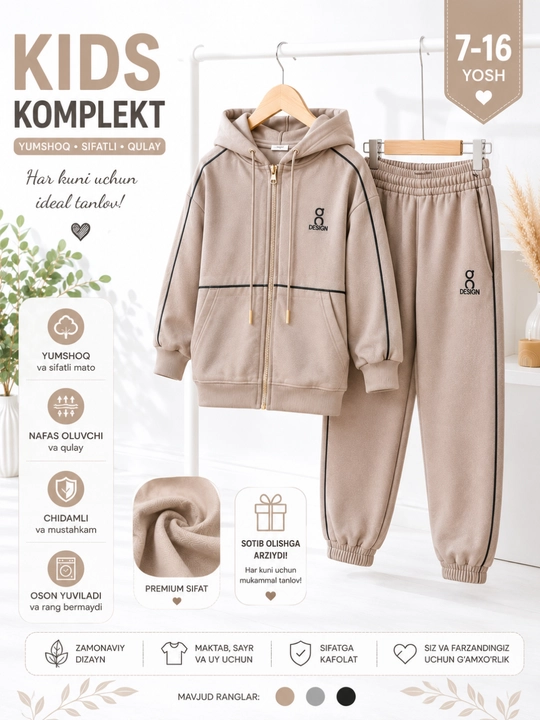 Paxtali bolalar sport kostyumi 7–16 yosh, 2 talik komplekt — huddi va shim