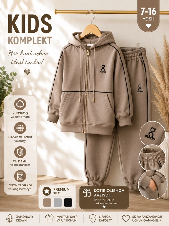 Paxtali bolalar sport kostyumi 7–16 yosh, 2 talik komplekt — huddi va shim