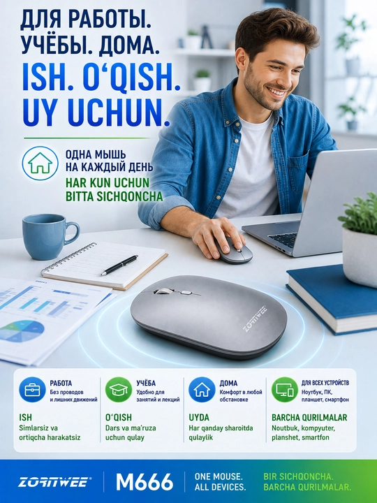 Zornwee M666 — zaryadlanuvchi simsiz sichqoncha, 2.4G va Bluetooth orqali ulanadi