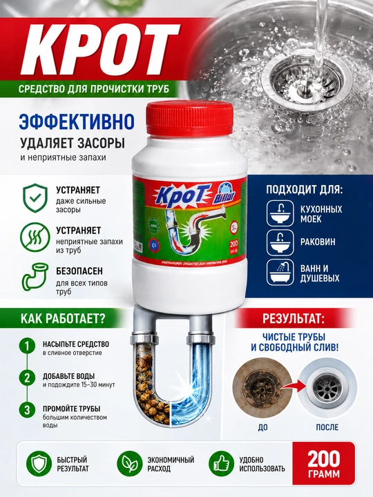 Krot, quvurlar uchun vosita, Krot, quvurlarni tozalash, oqava suvlarni tozalash, kanalizatsiya, 200 g - 