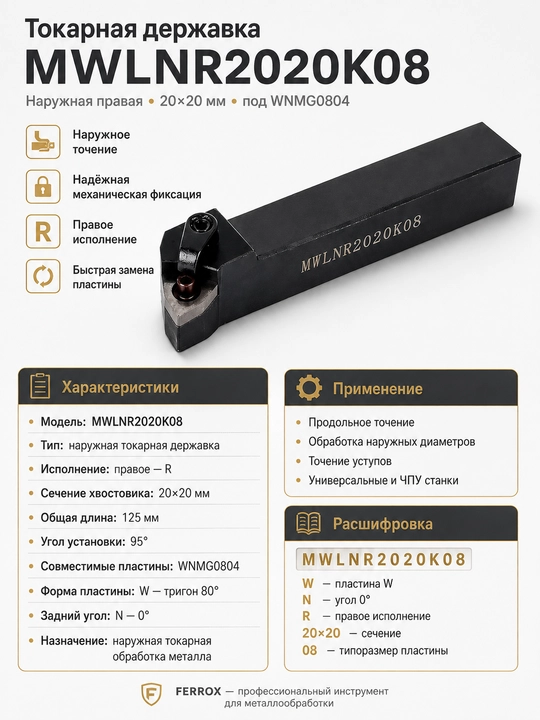 MWLNR2020K08 tokarlik derjavkasi, 20×20 mm, 95°, WNMG0804 uchun - 