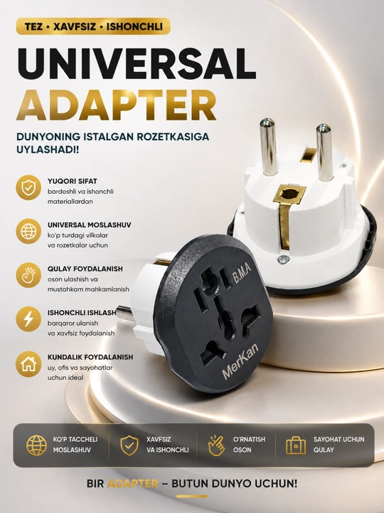 Universal Sayohat Adapteri | Xalqaro Rozetka O‘tkazgich | EU Plug | 150+ Mamlakat uchun - 