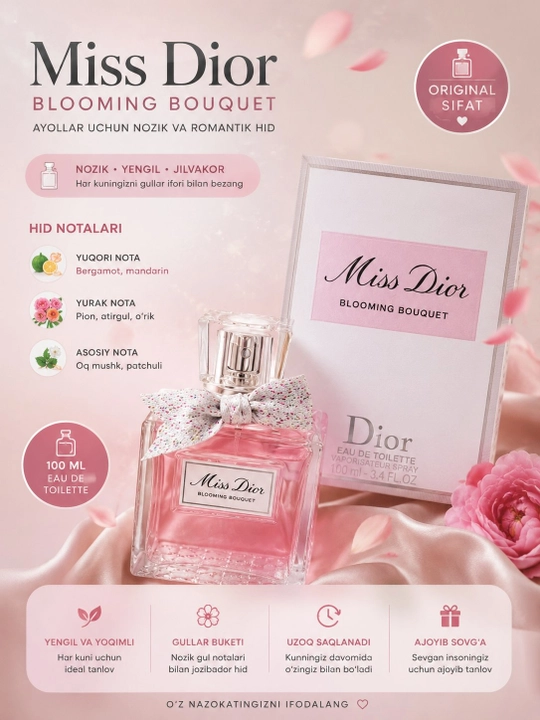 Atir ayollar uchun Miss Dior Blooming Bouquet, qizlar uchun parfyumlangan - 
