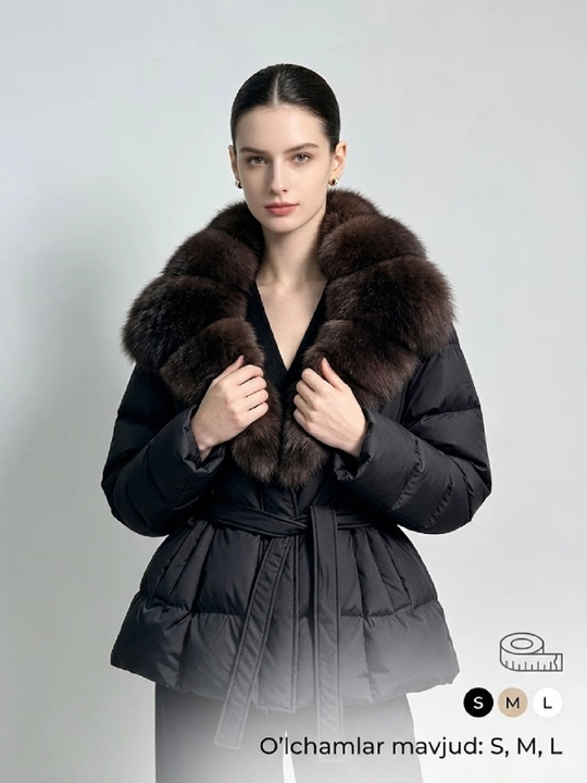 Женский зимний пуховик  — с натуральным меховым воротником и поясом (-25°C)