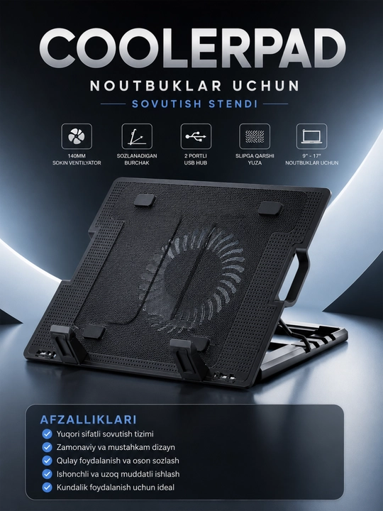 CoolerPad Noutbuk Sovutish Stendi – 9–17" Laptoplar Uchun USB Ventilyatorli Stend - 