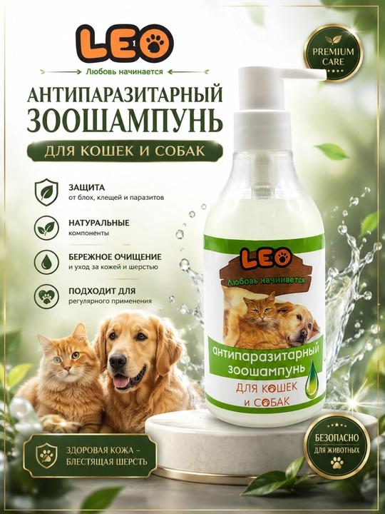 Шампунь для кошек и собак, от блох и паразитов, LEO, 300 мл