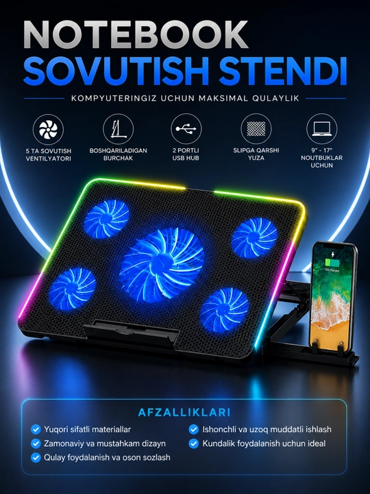 A5/A6 CoolerPad Noutbuk Sovutish Stendi – 5 Ventilyatorli, RGB, USB, 9–17 Dyuym - 