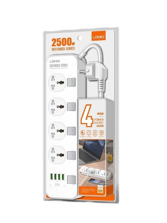 LDNIO SC4408 2500Вт Фильтр-удлинитель, 4 розетки, 4 USB, кабель 2 м, защита от перегрузки
