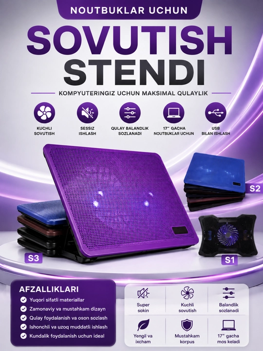 S1/S2/S3 Notebook Cooling Pad – 9–17" Noutbuklar Uchun USB Sovutish Stendi - 