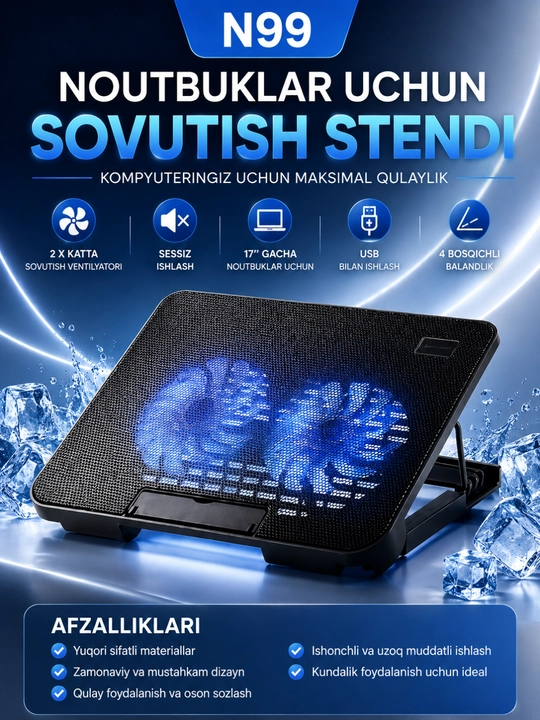 17 dyuymgacha bo‘lgan noutbuklar uchun USB Cooling Pad - Ikkita sovutish ventilyatoriga ega taglik - 