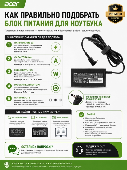 Блок питания Premium (A11-065N1A) для Acer 19V 3.42A (3.0x1.1) 65W