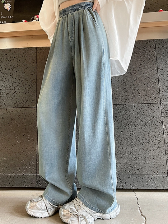 Ayollar uchun Wide Leg jinsi shim, yuqori belli, keng fason, rezinkali