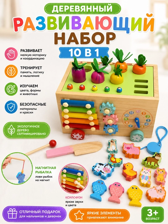 Деревянный развивающий набор 10 в 1 - 