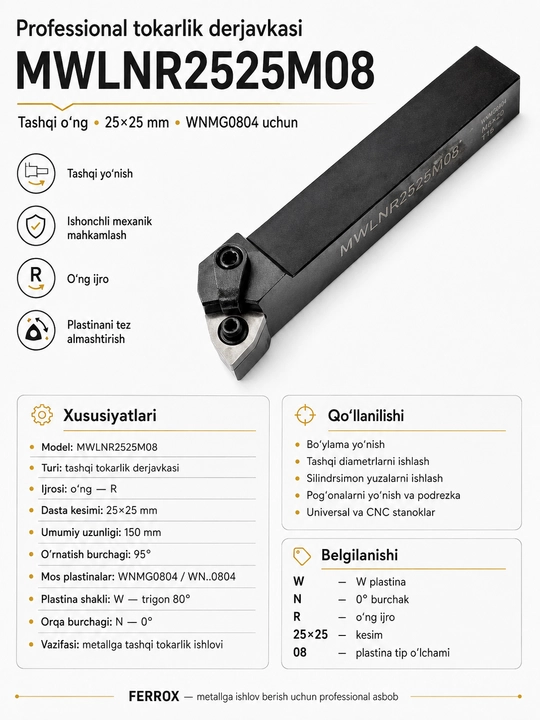 MWLNR2525M08 tokarlik derjavkasi, 25×25 mm, 95°, WNMG0804 uchun - 